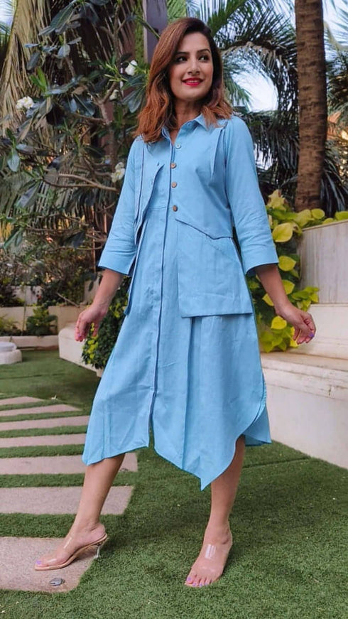 Sky Blue Shirt Dress With Waist Coat